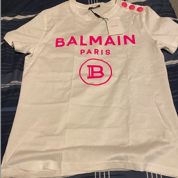 Balmain Paris Essential White Cotton Flocked Logo Button Detail Tee Shirt Small - Picture 2 of 5